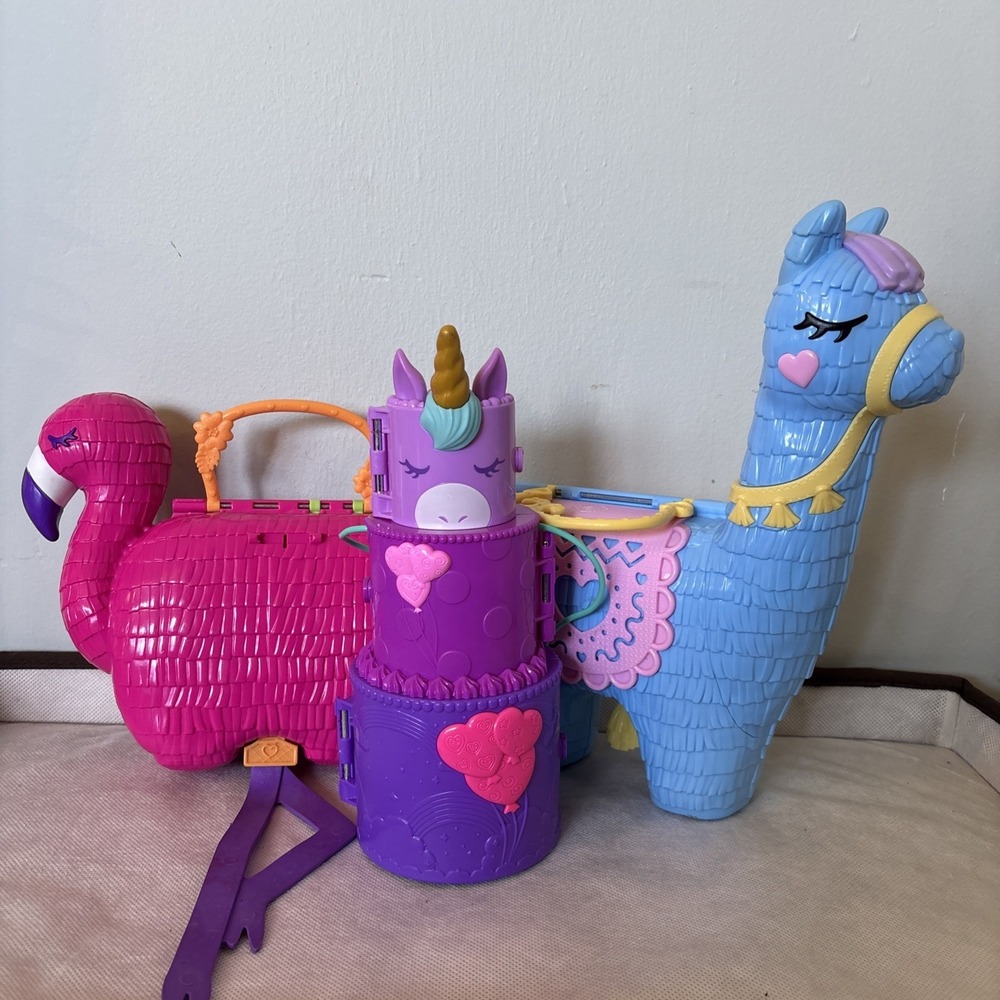 Polly‎ Pocket Play Sets Lot Of 3, Theme Unicorn Cake , Llama , Flamingo EUC